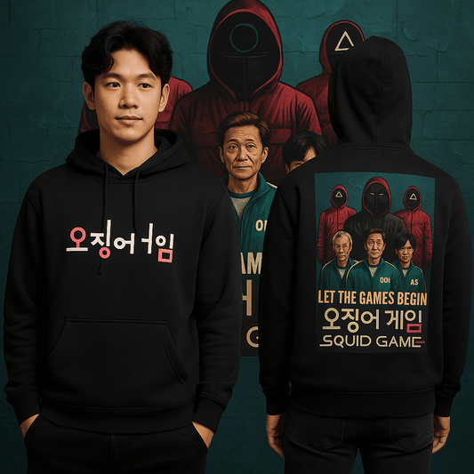 Squid Game Premium Hoodie – Dual Side Print (Korean Text + Cast Artwork) - lusix